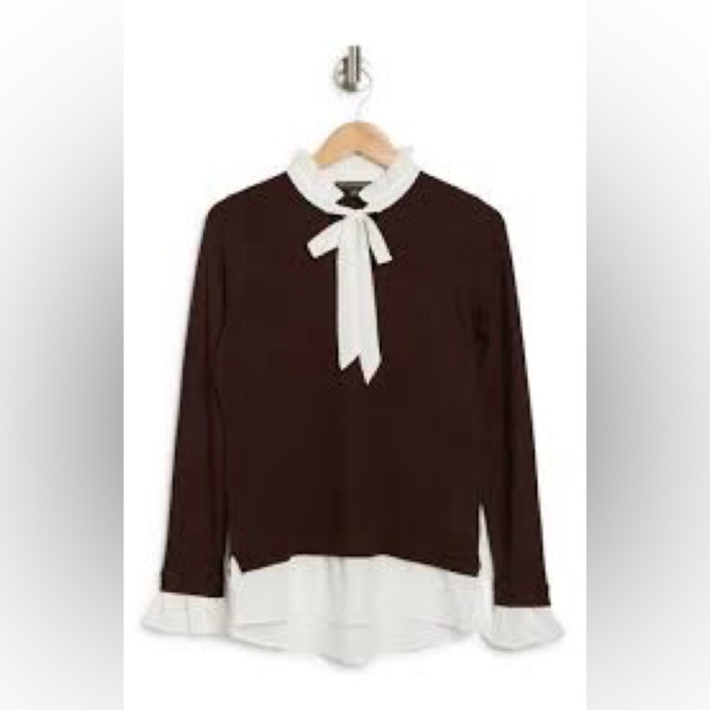 Adrianna Papell Brown and White Ruffled Tie Front Blouse